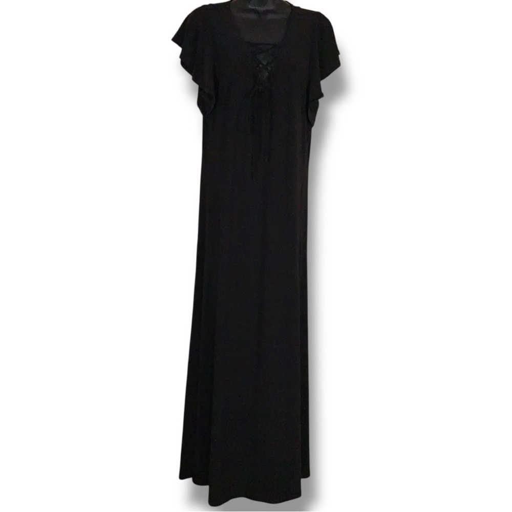 Medium Attitudes By Renee Black Maxi Dress Ruffle Sleeve Lace Up Vneck Goth